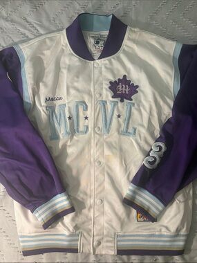 mecca White and Purple Varsity Jacket with Light Blue Accents